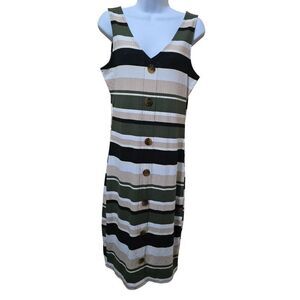 Green/Black/White Striped Button Down Sleeveless Dress Boho color Block bodycon